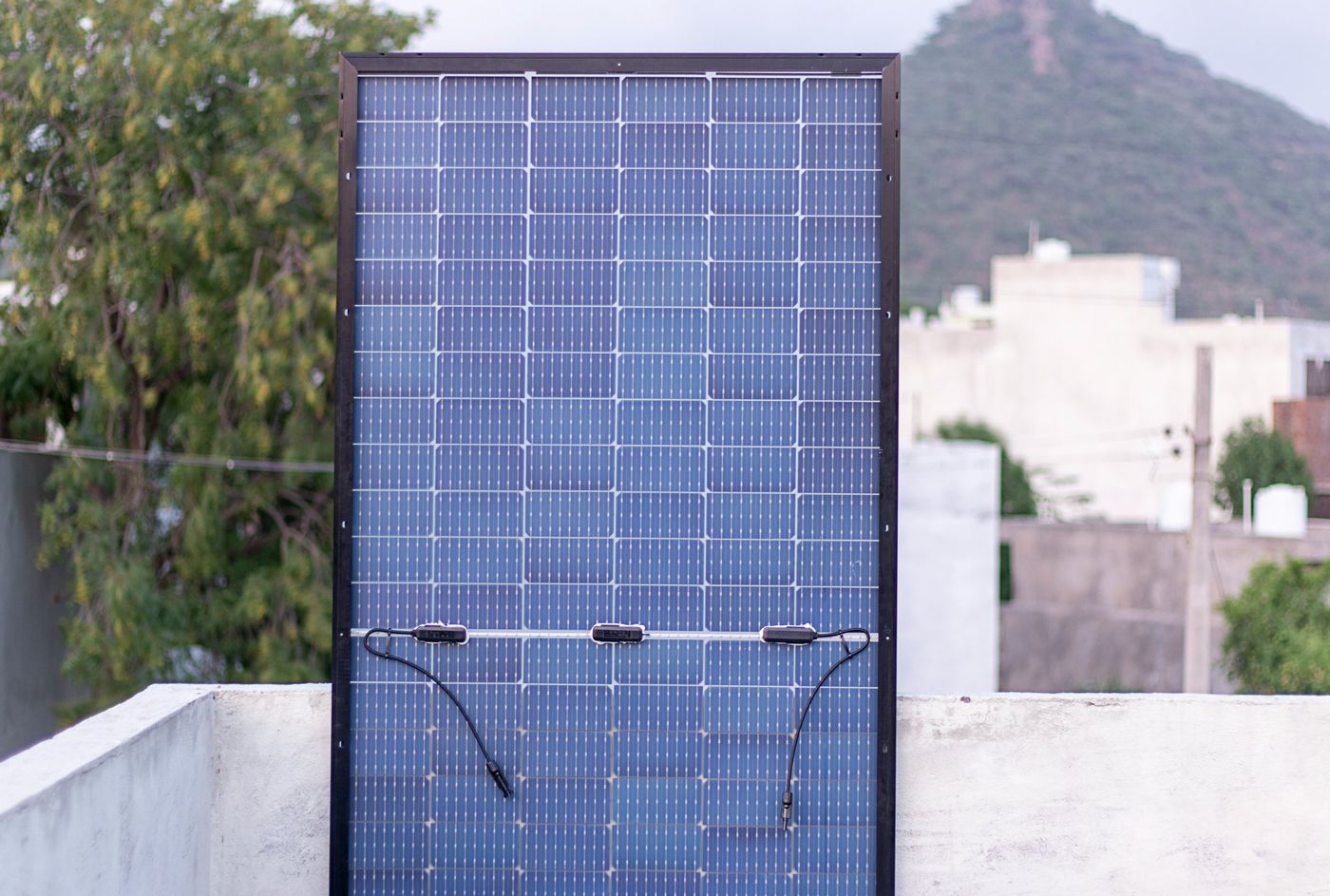 Solar module showing its cells and junction cables